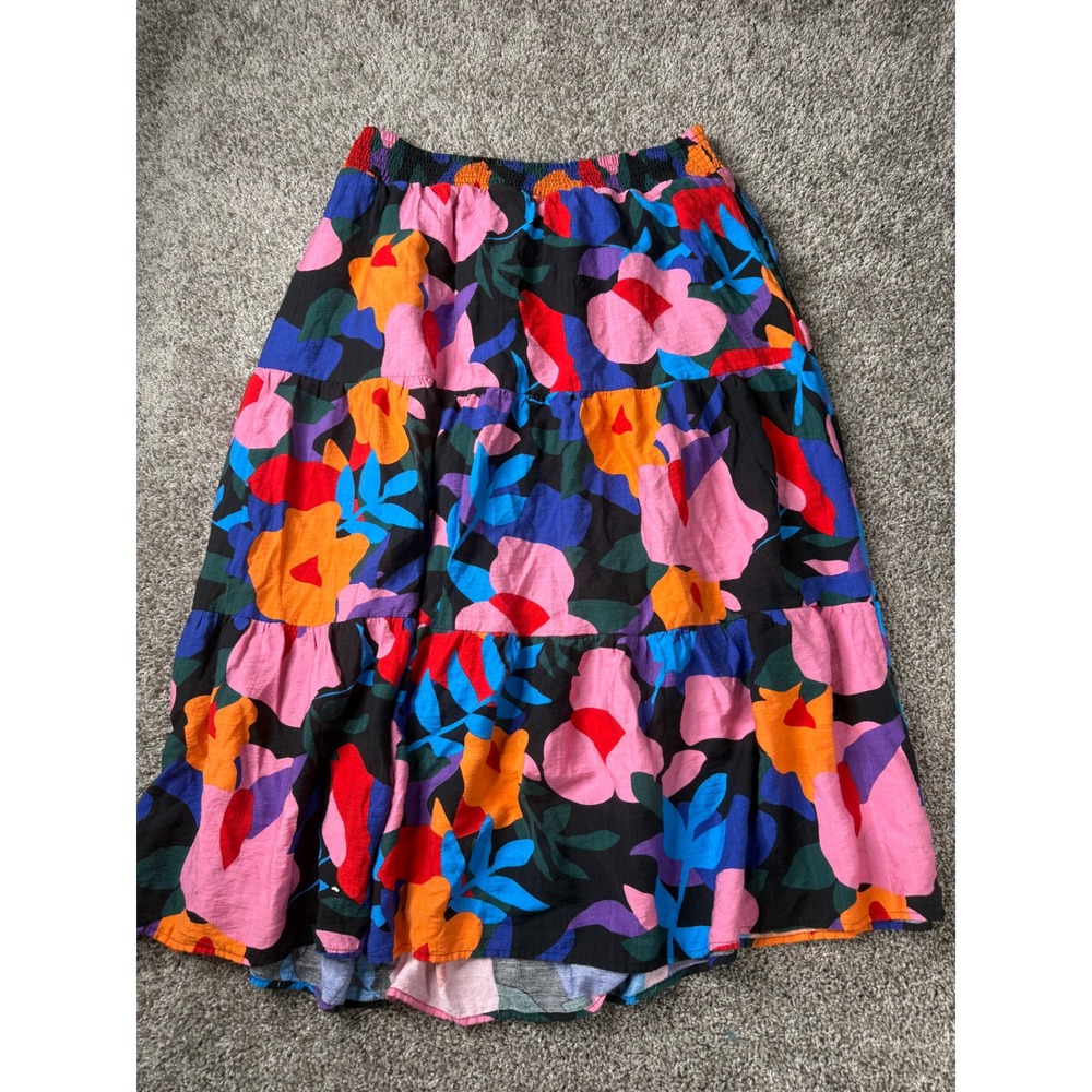 BTFBM Floral Midi Skirt XXL Multi-Color Smocked Elastic Waist Tiered A-Line Boho